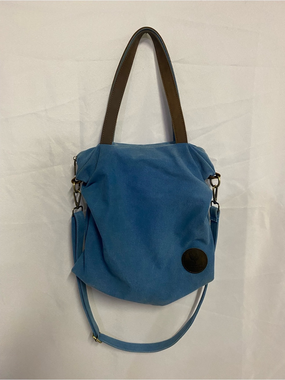 Farmhouse Is My Style Blue Canvas Tote Bag with Brown Leather Handles